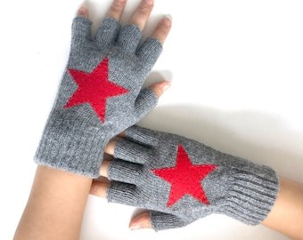 Fingerless Mittens with Red Stars, Unique Women Gloves, Handmade Winter Accessories, Texting Glove with Star, Cold Weather Accessory