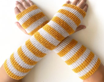 Long Gloves With Stripes, Yellow Arm Warmers, Knit Gift, Women Fingerless Gloves, Stripes Accessories, Spring Clothing