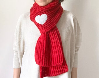 Red Scarf with Gray Heart, Accessories For Mom, Handmade Knit Shawl, Unique Grandma Gift, Spring Womens Clothing, Knitwear Mother Gifts