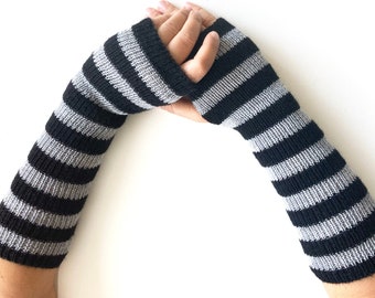 Striped Arm Warmers, Women Long Gloves, Fingerless Knit Gloves, Knit Gift, Valentines Gift, Women Gift, Winter Gift Ideas, Black Gray Gloves