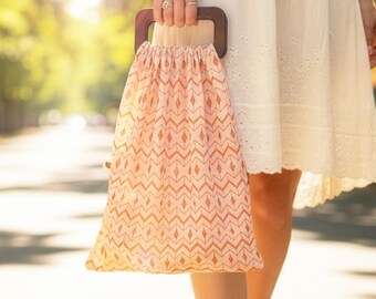 Boho Orange Fabric Bag with Wooden Handle, Handmade Summer Beach Bag, Minimalist Bohemian Tote