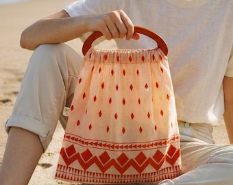Boho Orange Linen Bag with Wooden Handle, Handmade Summer Tote, Ethnic Pattern Beach Bag