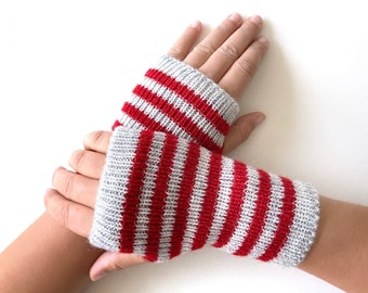 Striped Hand Warmers, Red Fingerless Gloves, Block Color Crochet Mittens, Accessories For Mom, Handmade Spring Clothing, Gift For Knit Lover