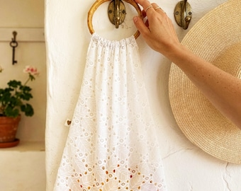 Handmade Bag with Acrylic Ring Handle, White Eyelet Lace Tote, Boho Summer Style Handbags
