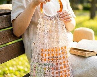 Handmade Floral Lace Bag, Acrylic Ring Handle, Boho Summer Net Bag