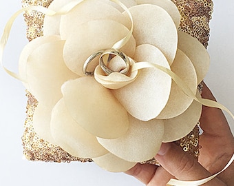 Gold Sequin Ring Pillow with Tulle Flower, Floral Wedding Ring Holder