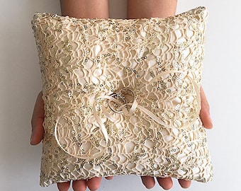 Gold Sequin Ring Bearer Pillow: 8" Square Wedding Cushion