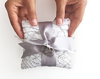 Silver Lace Ring Bearer Pillow: Sequin Wedding Cushion (4.5" x 4.5")