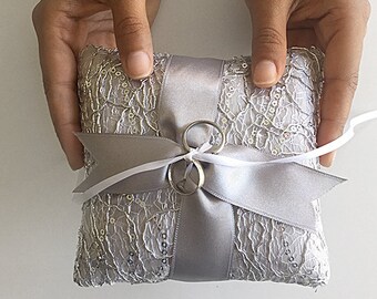 Silver Sequin Ring Pillow: Handmade Wedding Cushion (5" x 5")