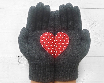 Women Heart Gloves, Valentines Day Gift, Winter Clothing, Handmade Items, Unique Valentine Gloves, Gift For Wife, Woman Heart Mittens