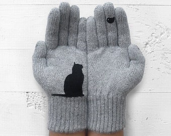 Gray Gloves with Black Kitten and Bird, Cat Parent Accessories, Unique Gift For Mom, Clothing For Mom, Cat Lover Gift, Best Gift For Mom