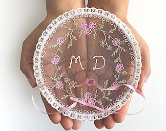Personalized Lace Ring Bearer Pillow, Flower Embroidery Wedding Ring Holder with Initials