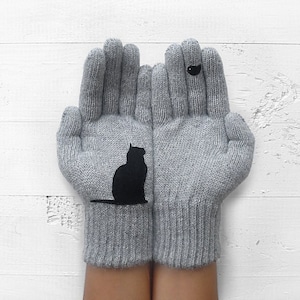 Guanti grigi con gattino nero e uccello, accessori per genitori di gatti, regalo unico per la mamma, abbigliamento per la mamma, regalo per gli amanti dei gatti, regalo perfetto per la mamma