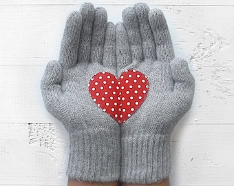 Gloves with Red Heart, Valentine Gloves for Her, Best Valentines Gift, Handmade Gift Women, Unique Winter Accessories, Gift For Wife