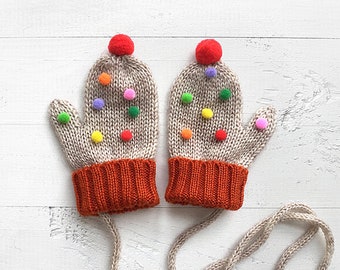 Kids and Baby Clothing, Kids Mittens with Pom Pom, Winter Gloves for Girls and Boys, Handmade Outfit Children, Unique Knit Accessories Kid