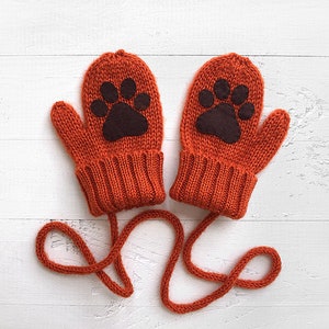 Wool Kids&#39; Mittens with String: Dog Paw Winter Gloves