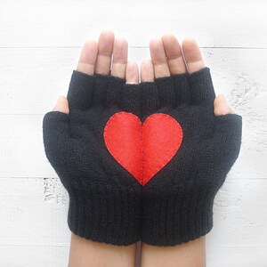 Fingerless Black Gloves, Women Heart Mittens, Unique Valentines Gift, Woman Knitwear, Handmade Gifts