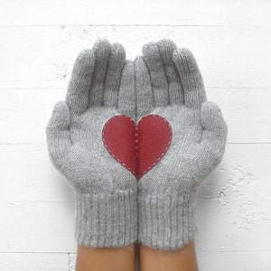 Heart Gloves, Women Mittens, Winter Accessories, Best Valentine Gift, Gray Gloves, Handmade Gift, Woman Clothing, Unique Gifts, Gift For Her image 1