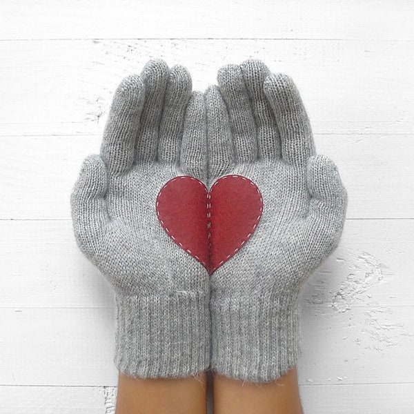 Heart Gloves, Women Mittens, Winter Accessories, Best Valentine Gift, Gray Gloves, Handmade Gift, Woman Clothing, Unique Gifts, Gift For Her