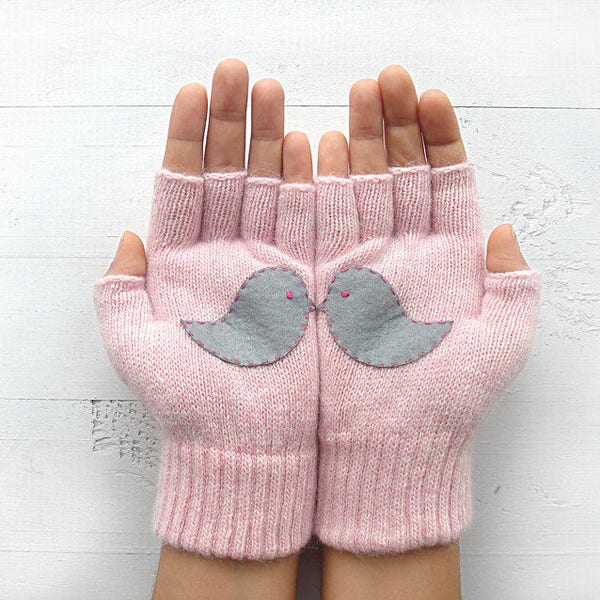 Fingerless Gloves, Pink Mittens, Animal Gloves, Valentine Gift, Pet Lovers, Women Gloves, Winter Mittens, Valentine For Girlfriend, Birds