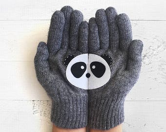 Cadeaux Panda, Gants d’animaux, Mitaines pour femmes, Cadeau Panda fait à la main, Vêtements Saint-Valentin, Femme tricot, Vêtements d’hiver, Accessoires uniques