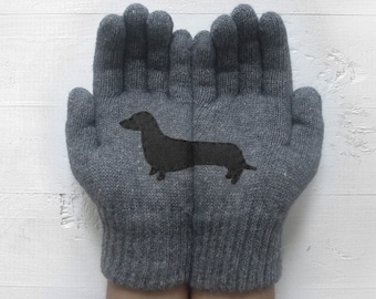 Gray Gloves with Black Wiener Dog, Unique Dachshund Gifts For Her, Best Valentines Gift For Pet Parent, Valentines Clothing Women, Self Care