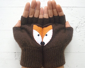 Guantes sin dedos, Manoplas de mujer con zorro, Accesorios de San Valentín, Manoplas de animales, Artículo hecho a mano, Regalos de zorro, Guantes de mensajes de texto, Ropa de invierno