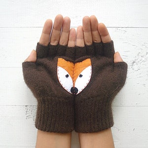 Fingerless Gloves, Women Mittens with Fox, Valentine Accessories, Animal Mittens, Handmade Item, Fox Gifts, Texting Gloves, Winter Clothing image 1