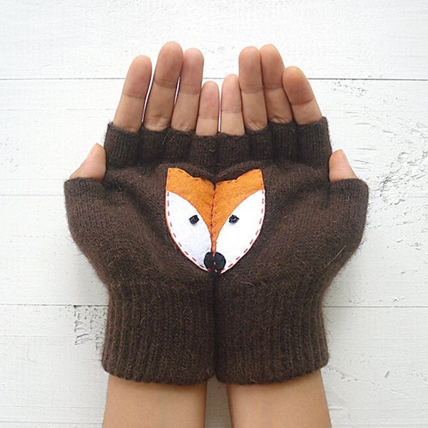 Guantes de zorro marrón: mitones sin dedos marrón oscuro para mujer, accesorios de otoño hechos a mano en color chocolate.