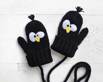 Kids Valentine's Day Gift: Black Penguin Wool Mittens with String, Childrens Clothing