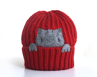 Cat Beanie, Red Kids Hat, Toddler Headwear, Kids Outfit, Cat Lovers Gift, Fashionable Gifts, Gift For Girls, Animal Beanie, Red Hat
