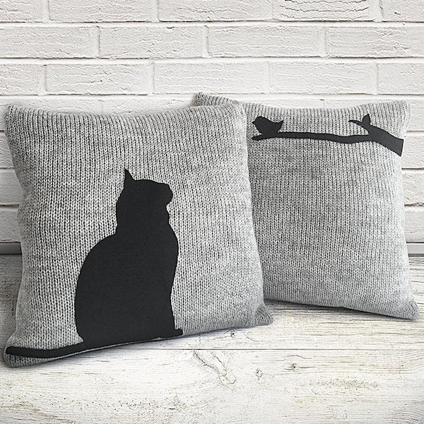 Knit Pillow Covers, Cat Pillow, 16" x 16" Pillow, Cat Home Gift, Hostess Gift, Hosting Decor, Housewarming Gift, Valentines Day Gift For Her