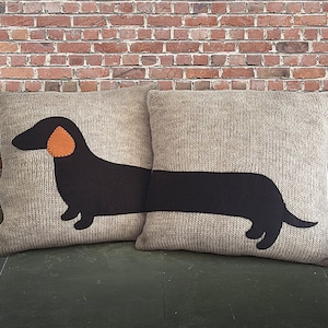 Knit Dachshund Pillow Cover: Wool Throw Cushion 16&quot; x 16&quot; , Fall Gift