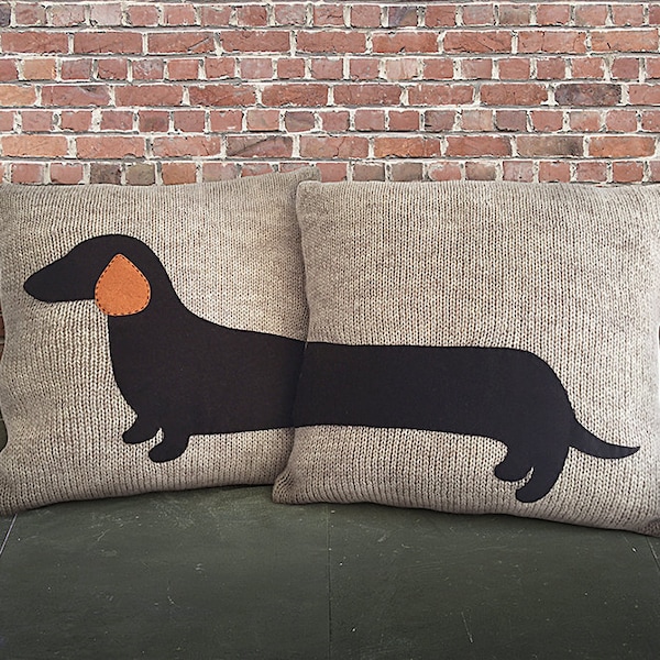 Decor Pillows, Knit Pillow Covers, Dachshund Gifts, 16" x 16" Knitted Covers, Hostess Gift, Housewarming Throw Pillows, Dog Art and Prints