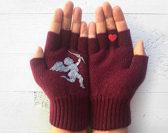 Valentines Day Gloves, Fingerless Mittens, Cupid Gifts, Surprise Gift For Her, Winter Clothing, Handmade Items