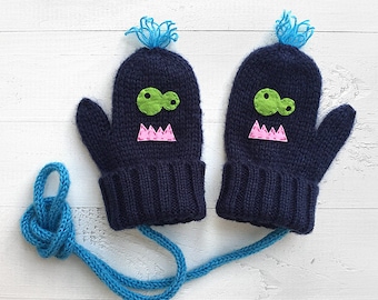 Kids Monster Wool Mittens with String: Boys Navy Gloves, Kid Valentine's Day Gift