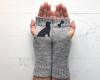 Handmade Gray Fingerless Gloves with Dog, Cozy Hand Warmers, Birthday Gift