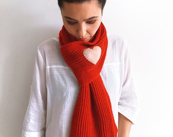 Knit Scarf Women, Red Scarf with Heart, Spring Womens Clothing, Accessories For Mom, Handmade Mother Gifts, Grandma Gift