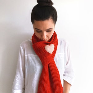 Knit Red Scarf with Tan Heart, Best Mom Gift, Shawl Spring Style, Unique Gift For Grandma, Handmade Women Clothing, Knit Wrap For Mother