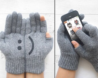 Texting Gloves, Smart Phone Mittens, Smiley Face Gloves, Handmade Gifts, Mittens For Texting, Phone Accessories