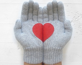 Heart Gloves, Valentines Day, Gray Woman Mittens, Winter Accessories, Knit Clothing, Knitwear Woman, Handmade Gifts, Gift From Boyfriend