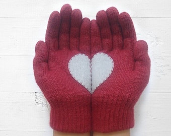 Women Heart Gloves, Valentine Mittens, Handmade Winter Clothing, Best Valentine Gifts, Knitwear For Her, Unique Woman Accessories, Wife Gift