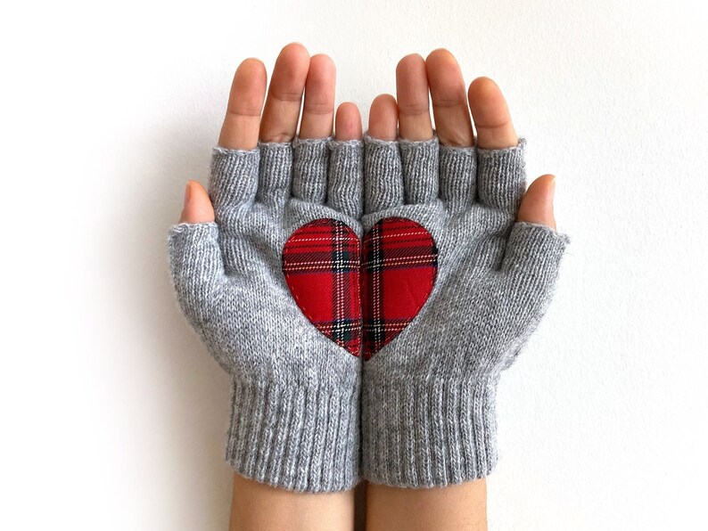 Women Fingerless Gloves, Gray Mittens with Tartan Heart, Accessories For Mom, Handmade Grandma Gift, Unique Spring Clothing, Texting Gloves image 1