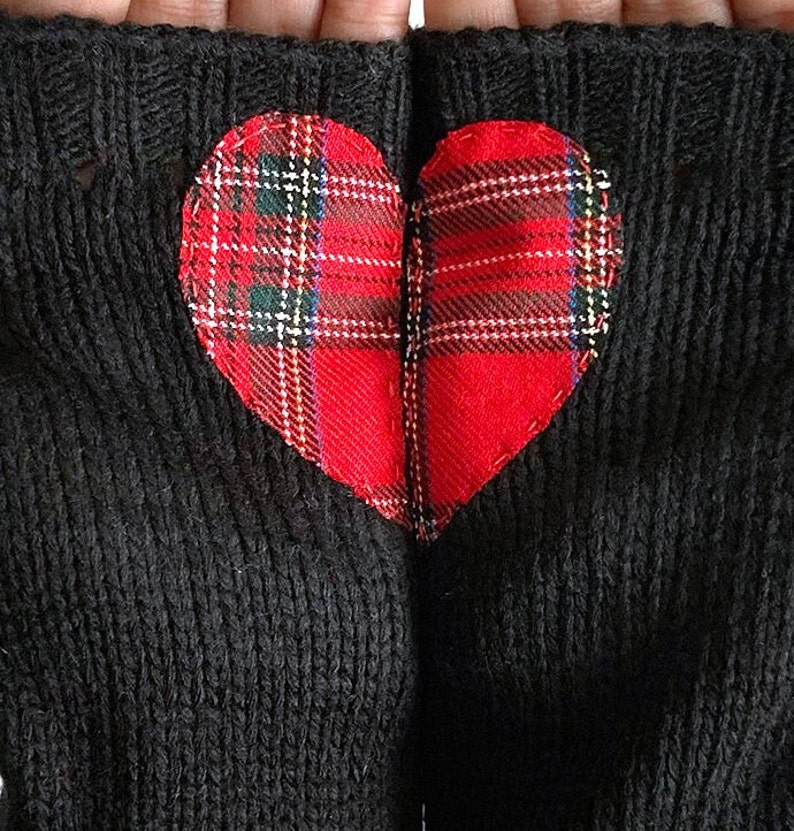 Black Fingerless Gloves, Tartan Heart, Women Mittens, Woman Clothing, Valentines Day Gifts, Heart Mittens, Handmade Gift, Best Gift For Her image 9