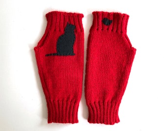 Guanti Senza Dita A Maglia Con Ricamo Gatto - Termici, Per Donna/Ragazza, Touchscreen, Per Autunno/Inverno, Attività All'Aperto