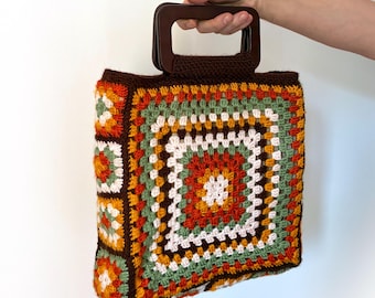 Crochet Granny Square Bag, Boho Wooden Handle Bag, Handmade Knit Handbag, Vintage Tote