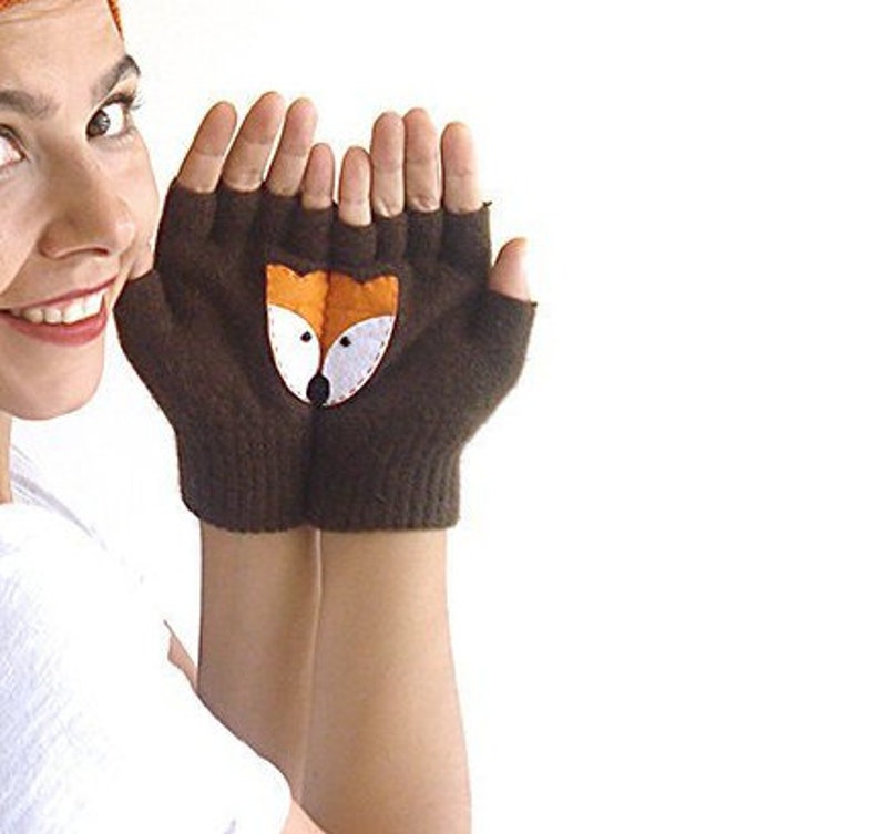 Fingerless Gloves, Women Mittens with Fox, Valentine Accessories, Animal Mittens, Handmade Item, Fox Gifts, Texting Gloves, Winter Clothing image 2