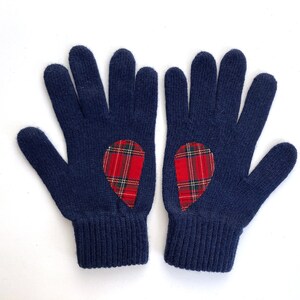 Women Heart Gloves, Navy Mittens, Best Holiday Gifts, Christmas Gift, Navy Blue Gloves, Tartan Fabric, Knit Accessories, Handmade Clothing image 5