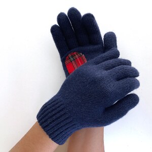 Women Heart Gloves, Navy Mittens, Best Holiday Gifts, Christmas Gift, Navy Blue Gloves, Tartan Fabric, Knit Accessories, Handmade Clothing image 2