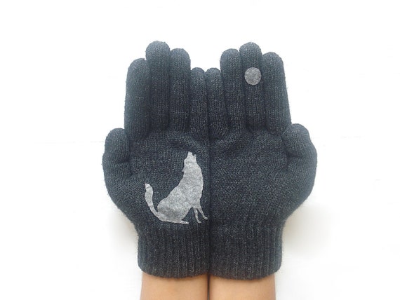 Wolf Howling at Moon Wool Gloves: Charcoal Winter Mittens, Cozy Accessories Gift For Him